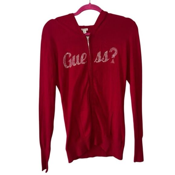 Guess Women's Y2K Cherry Red Zip Up Rhinestone Hoodie Size Large - Picture 3 of 8